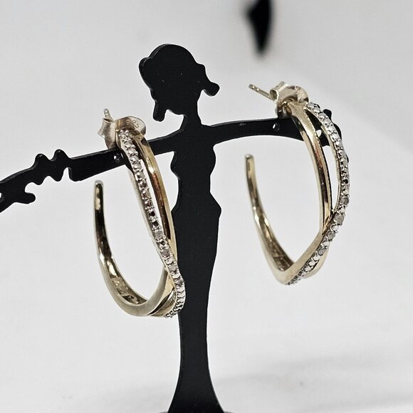 925 Sterling Silver Vermeil - Natural Diamond Crossover Semi Hoop Earrings - Picture 6 of 12